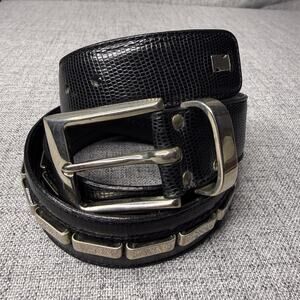 Vintage Nanni Milano Black Lizard Embossed Leather Heavy Metal Link Belt Italy